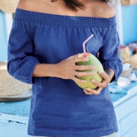 Boden Tops - Boden - Henrietta Navy Blue Linen Off The Shoulder Top - Size 2